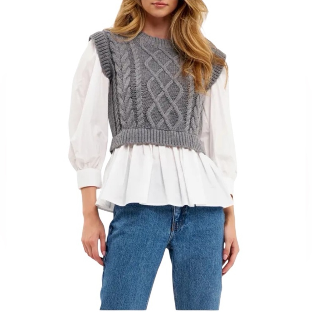 English Factory | Mixed Media Cable Stitch Contrast Knit Top | Gray/White | Sz S